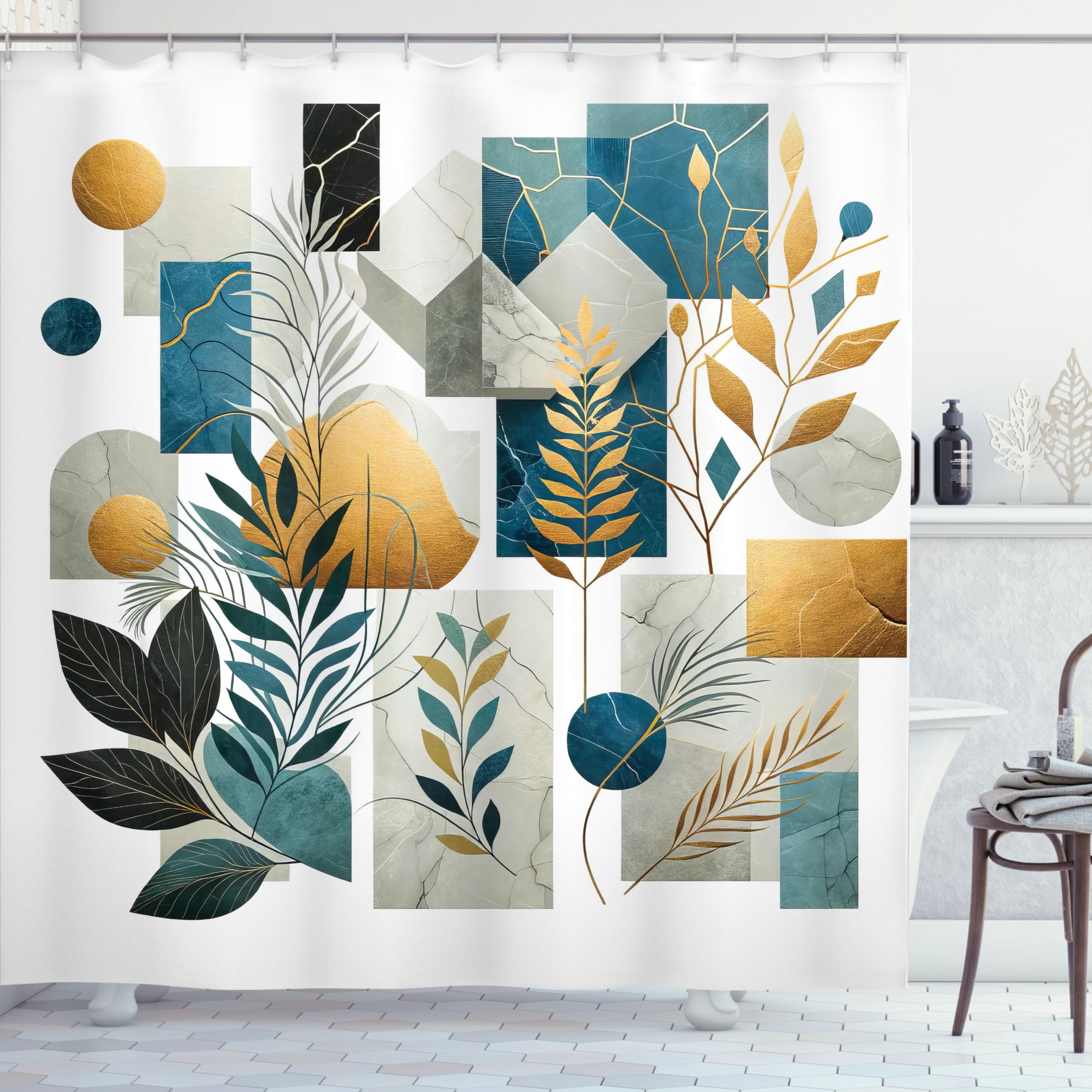 Ambesonne Aesthetic Shower Curtain, Abstract Geometric Style Marble Print Forms Leaves Branches Modern, Cloth Fabric Bathroom De